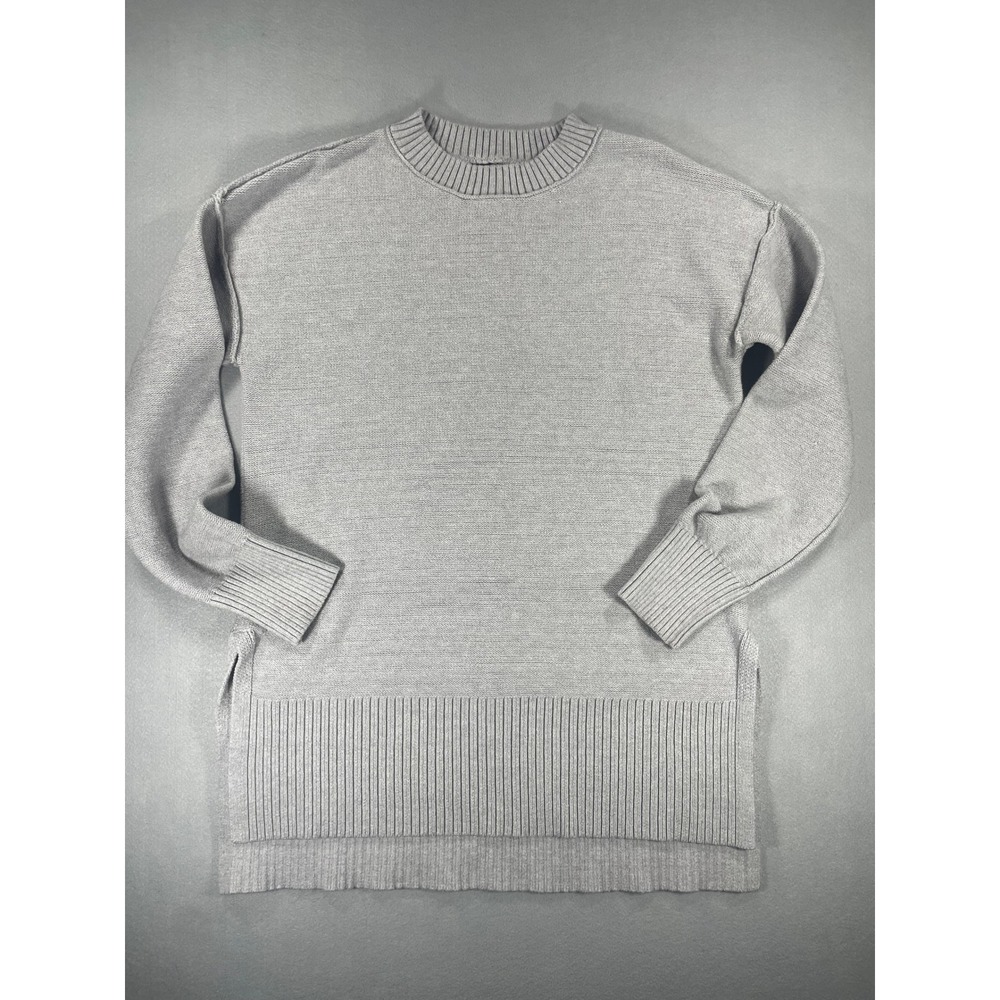 Light Gray Knit Crewneck Tunic Sweater High-Low Hem Side Slits - S